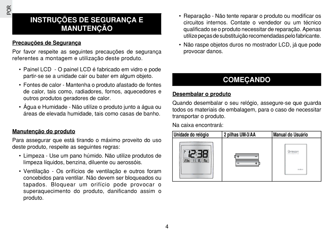 Oregon Scientific JM889N user manual Instruções DE Segurança E Manutenção, Começando 