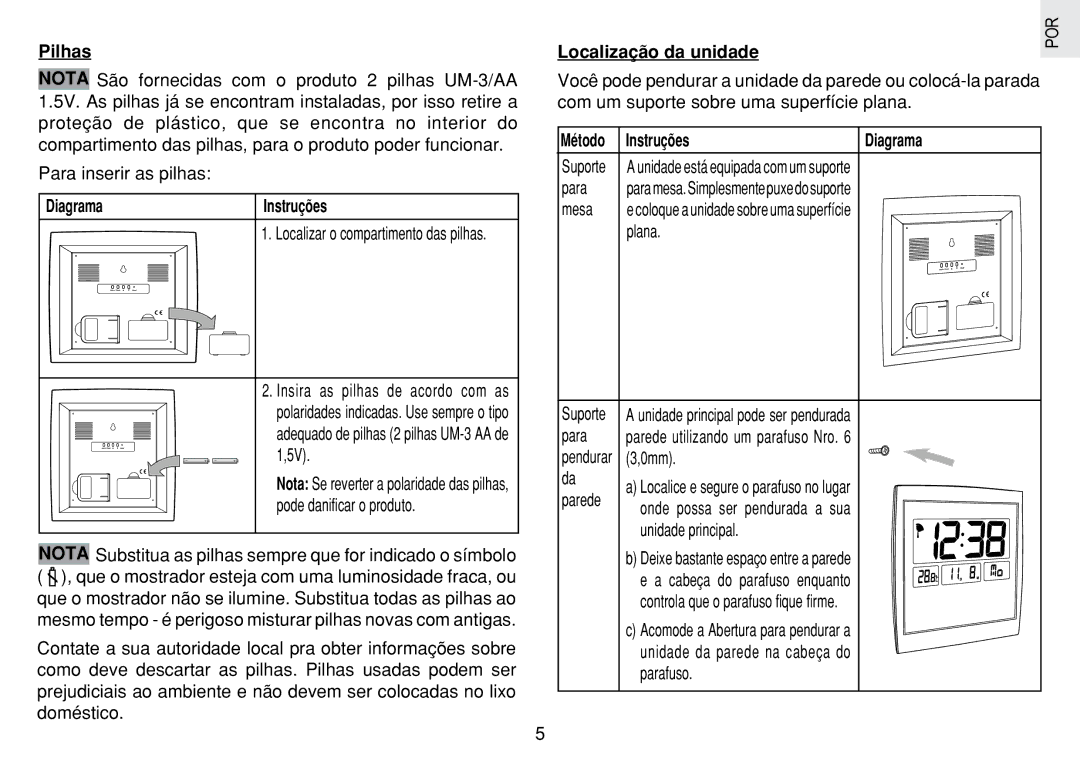 Oregon Scientific JM889N user manual Pilhas, Diagrama Instruções, Localização da unidade, Método Instruções 