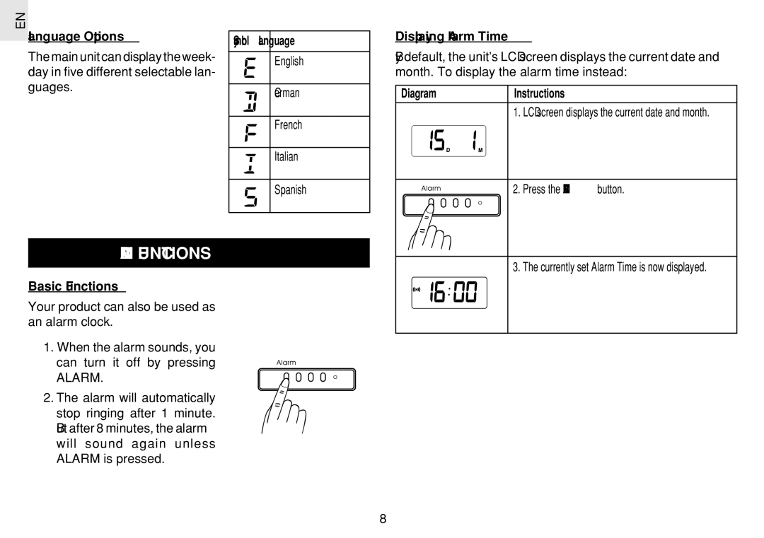 Oregon Scientific JM889N Alarm Functions, Language Options, Symbol Language, Displaying Alarm Time, Basic Functions 