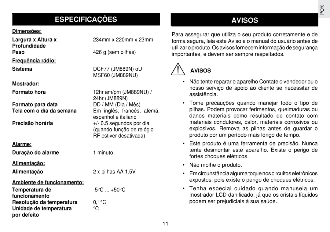 Oregon Scientific JM889N user manual Especificações, Avisos 