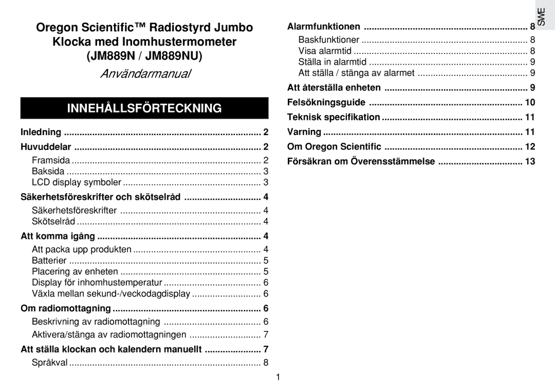 Oregon Scientific JM889N user manual Innehållsförteckning, Säkerhetsföreskrifter, Swe 