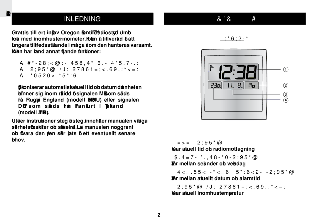 Oregon Scientific JM889N user manual Inledning, Huvuddelar, Framsida Huvuddisplay, Sekund/Veckodagdisplay 