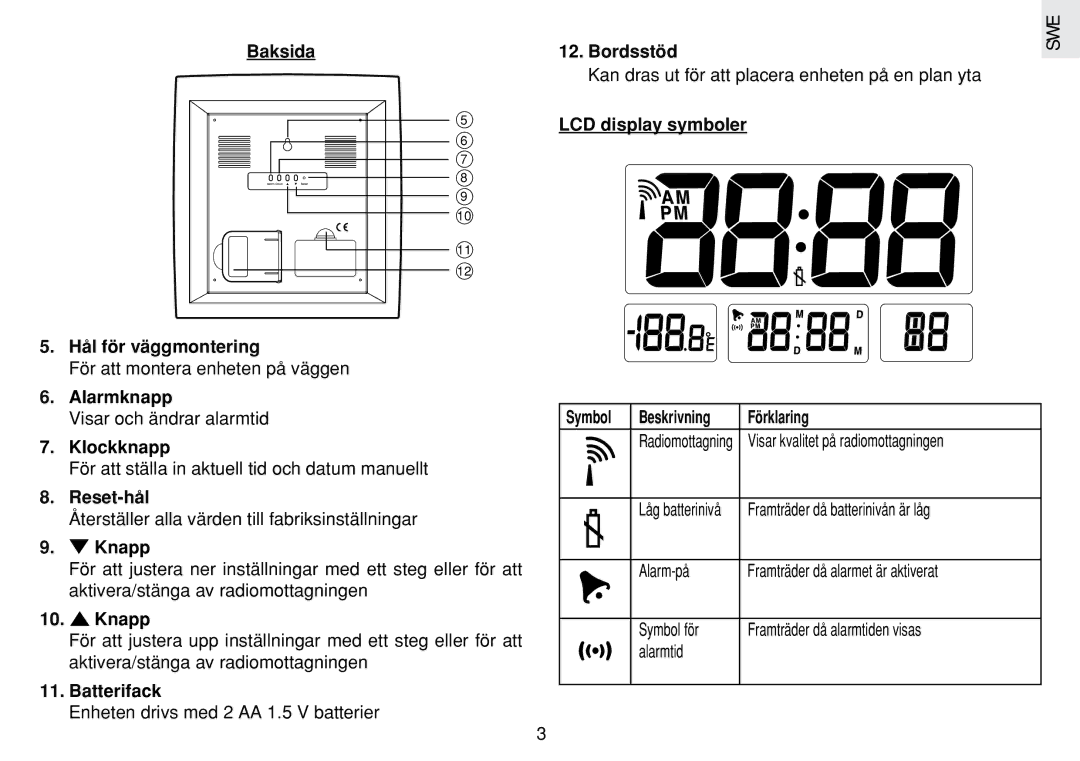 Oregon Scientific JM889N Baksida Bordsstöd, LCD display symboler, Hål för väggmontering, Alarmknapp, Klockknapp, Reset-hål 