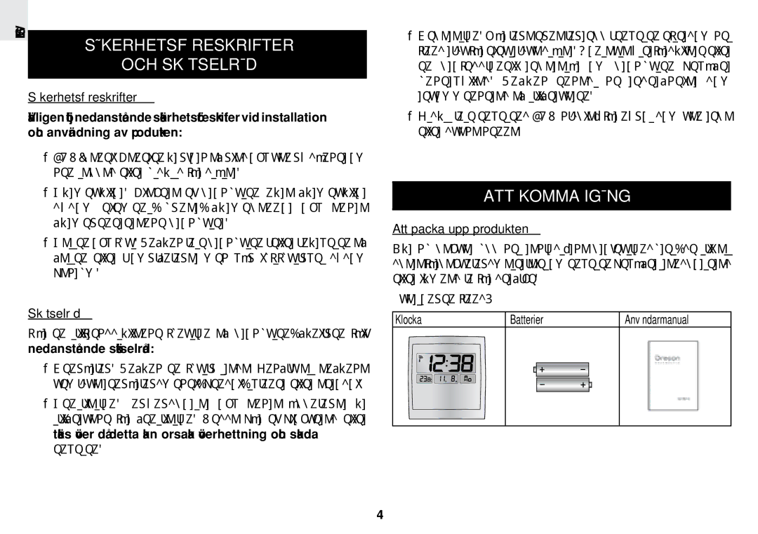 Oregon Scientific JM889N user manual SWE Säkerhetsföreskrifter OCH Skötselråd, ATT Komma Igång 