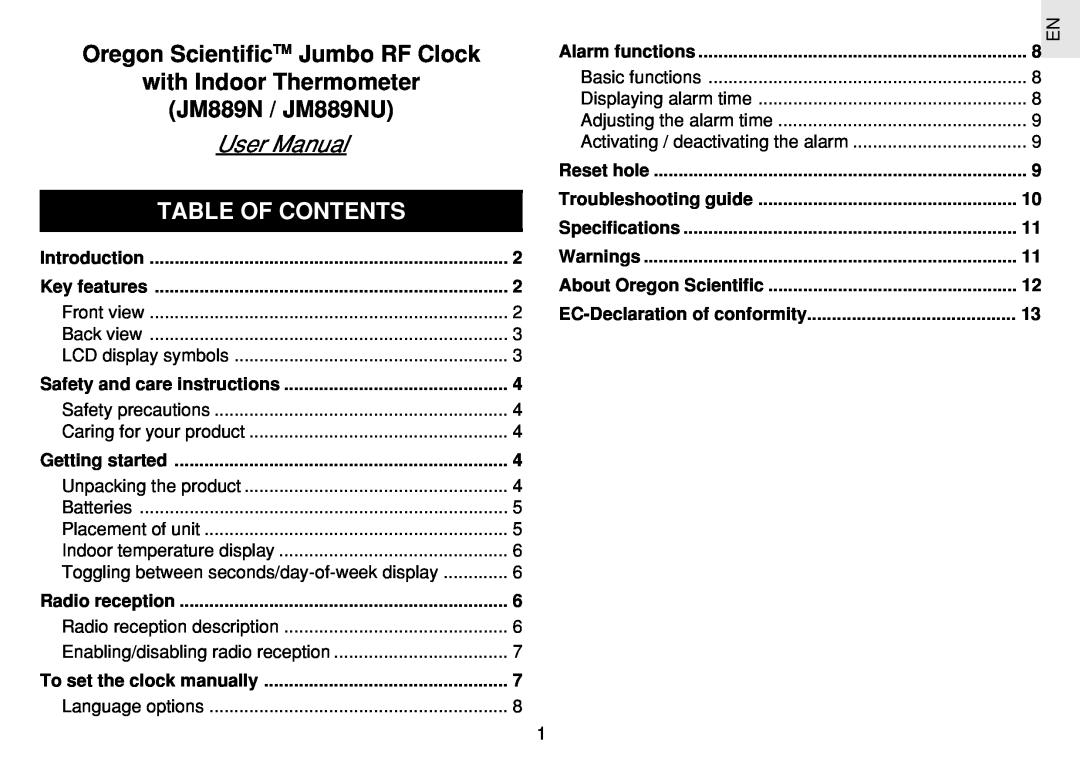 Oregon Scientific user manual Oregon ScientificTM Jumbo RF Clock, with Indoor Thermometer, JM889N / JM889NU, User Manual 