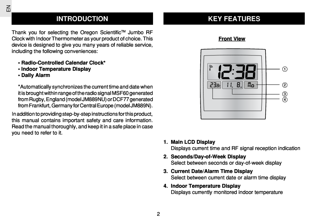 Oregon Scientific JM889N user manual Introduction, Key Features, Radio-Controlled Calendar Clock Indoor Temperature Display 