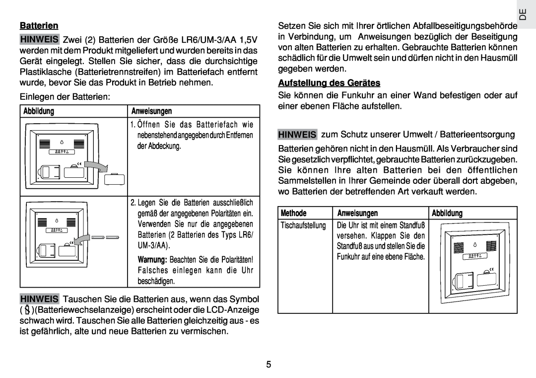 Oregon Scientific JM889N user manual Batterien, Abbildung, Aufstellung des Gerätes, Methode, Anweisungen 