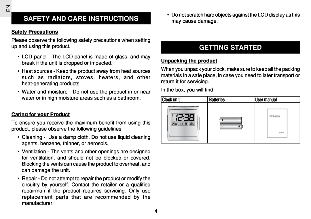 Oregon Scientific JM889N Safety And Care Instructions, Getting Started, Safety Precautions, Caring for your Product 