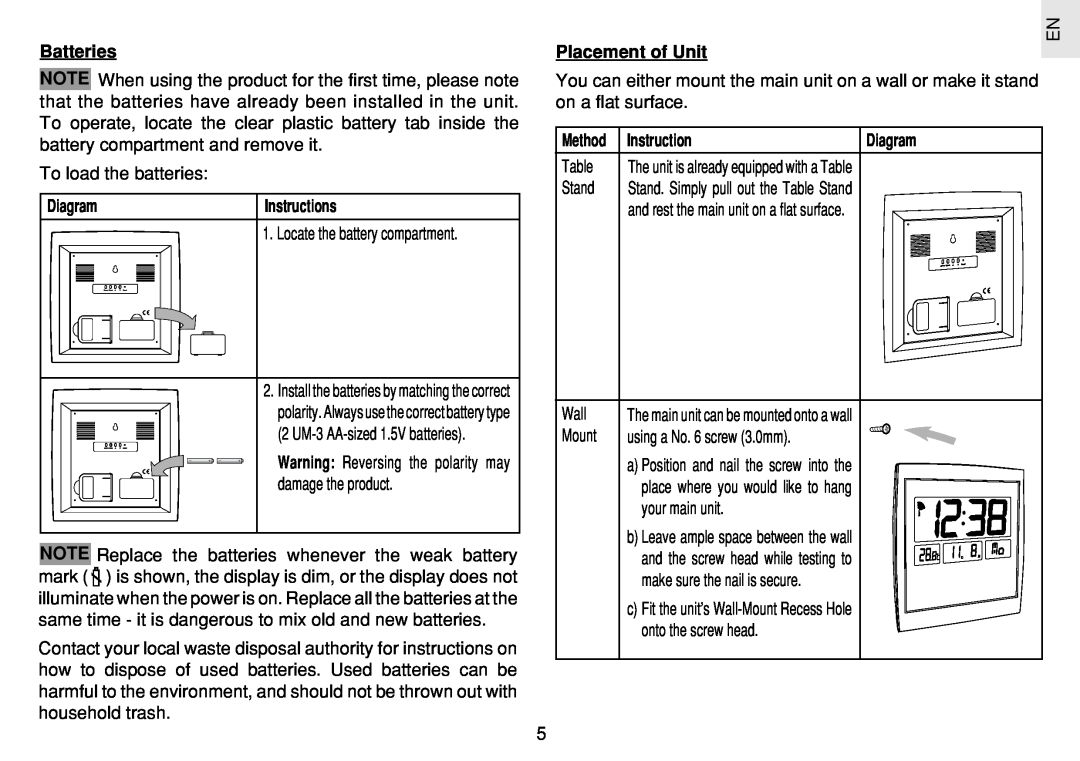 Oregon Scientific JM889N user manual Diagram, Instructions, Placement of Unit, Method, Batteries 