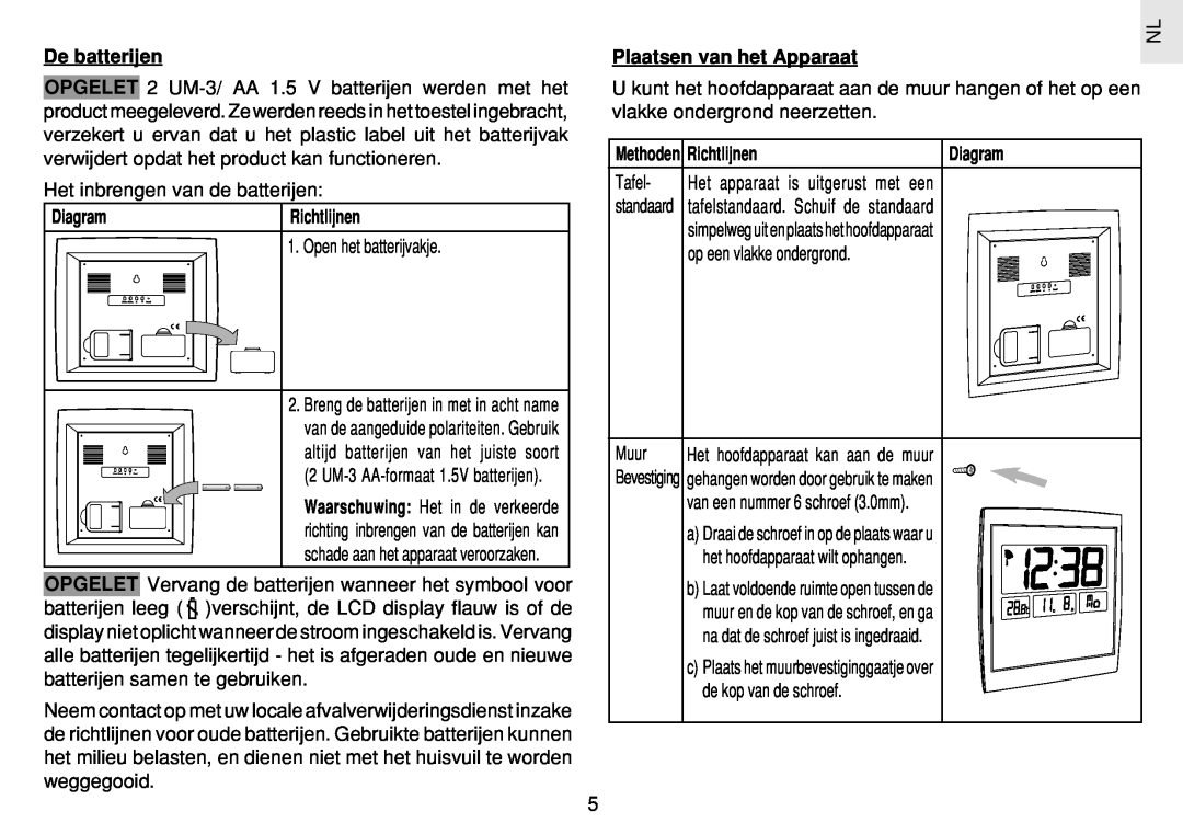 Oregon Scientific JM889N user manual De batterijen, Plaatsen van het Apparaat, Methoden Richtlijnen, Diagram 