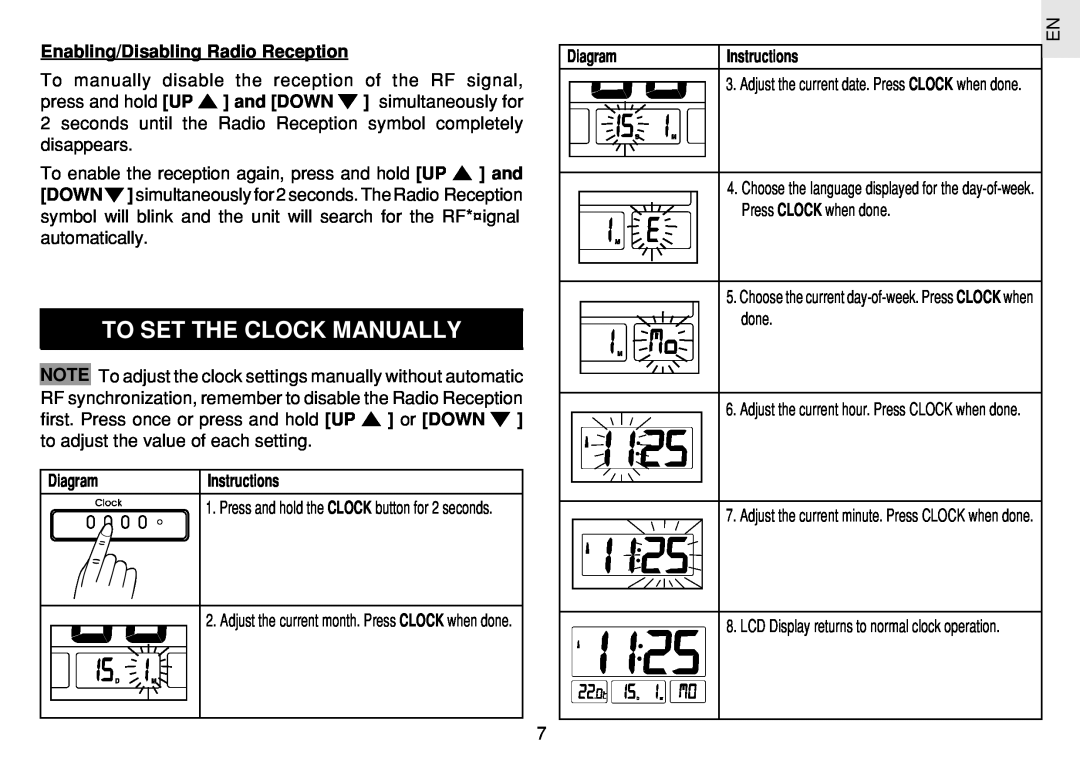 Oregon Scientific JM889N user manual To Set The Clock Manually, Enabling/Disabling Radio Reception, Diagram, Instructions 