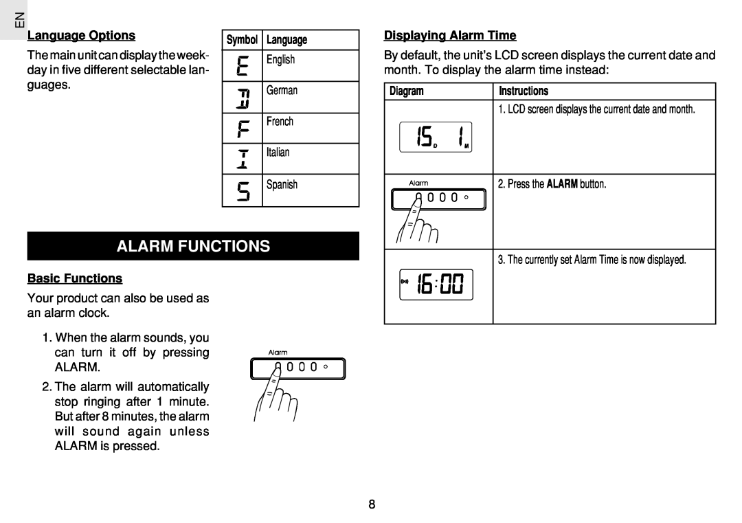Oregon Scientific JM889N Alarm Functions, Language Options, Symbol Language, Displaying Alarm Time, Basic Functions 
