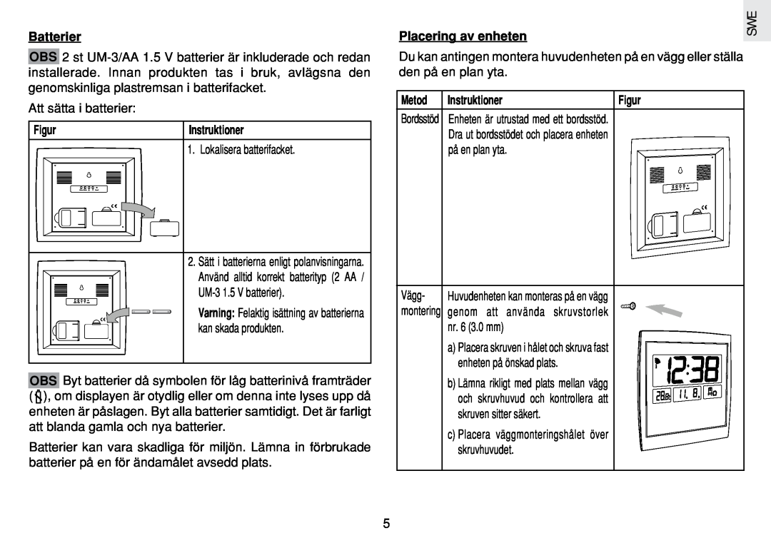 Oregon Scientific JM889N user manual Figur, Instruktioner, Placering av enheten, Metod, på en plan yta, Batterier 