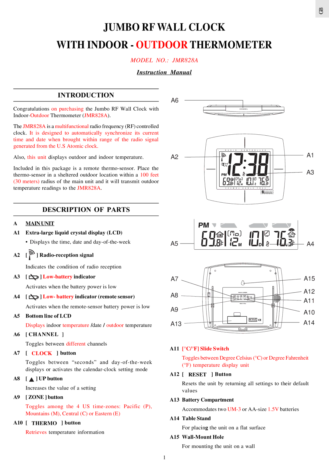 Oregon Scientific JMR828A instruction manual Introduction, Description of Parts, Main Unit, A6 Channel 