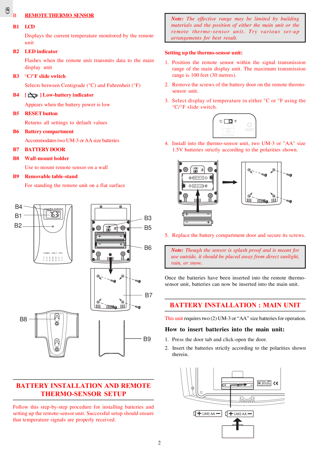 Oregon Scientific JMR828A Battery Installation Main Unit, Battery Installation and Remote THERMO-SENSOR Setup 