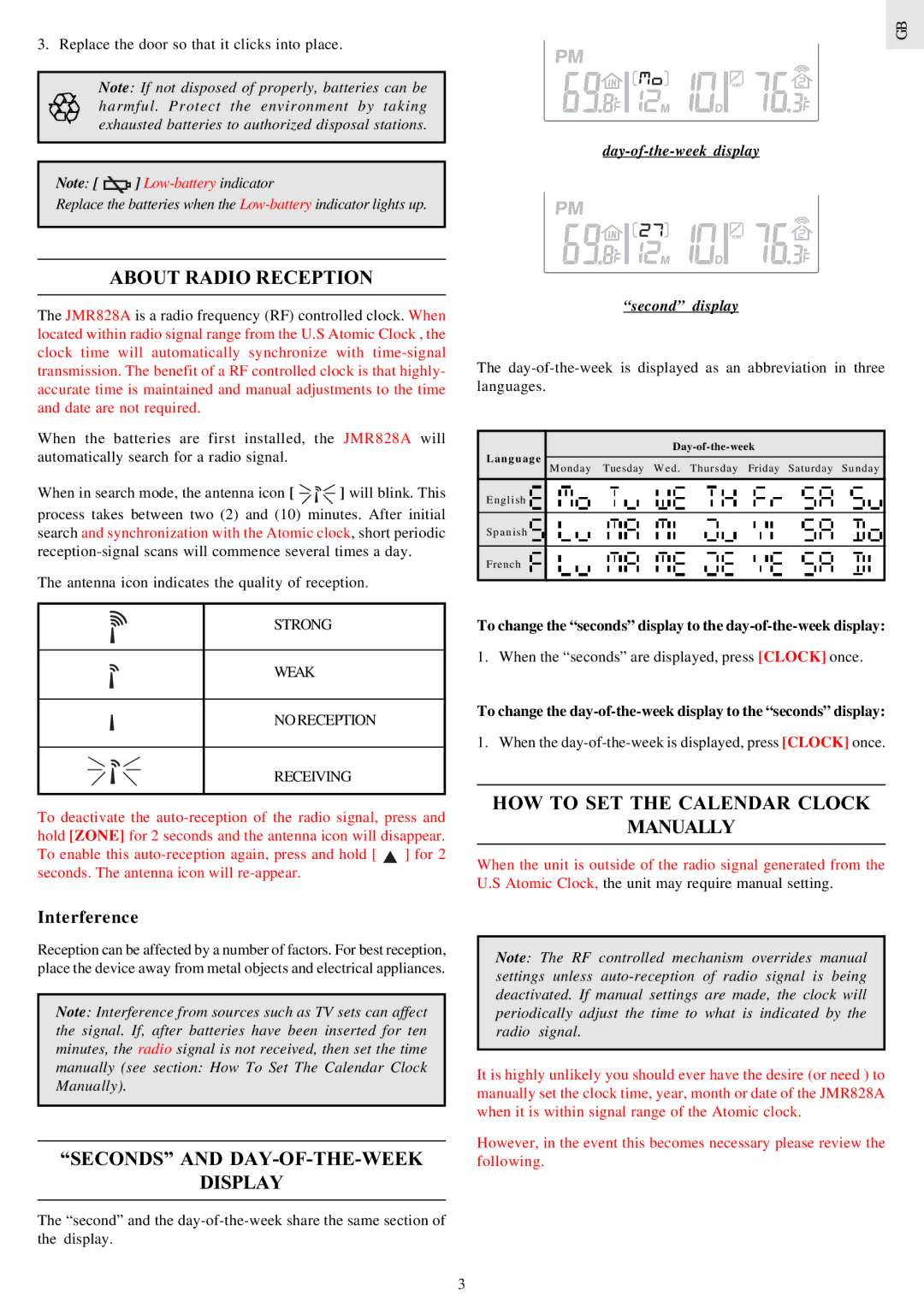 Oregon Scientific JMR828A instruction manual About Radio Reception, HOW to SET the Calendar Clock Manually, Interference 