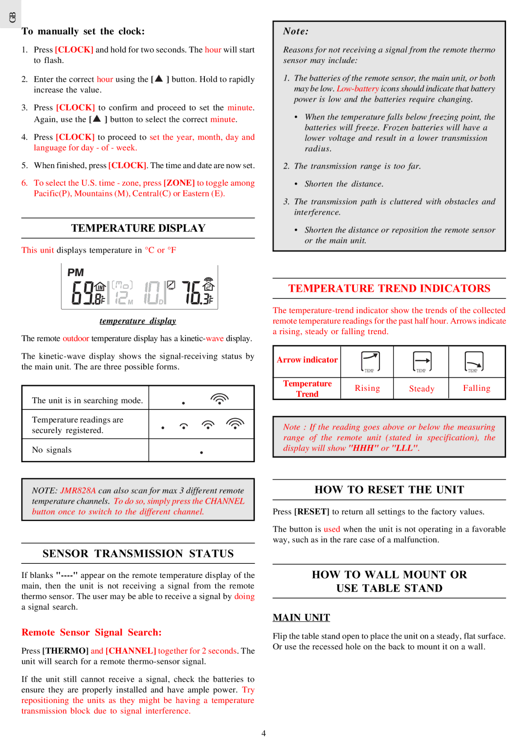 Oregon Scientific JMR828A instruction manual Temperature Display, Sensor Transmission Status, Temperature Trend Indicators 