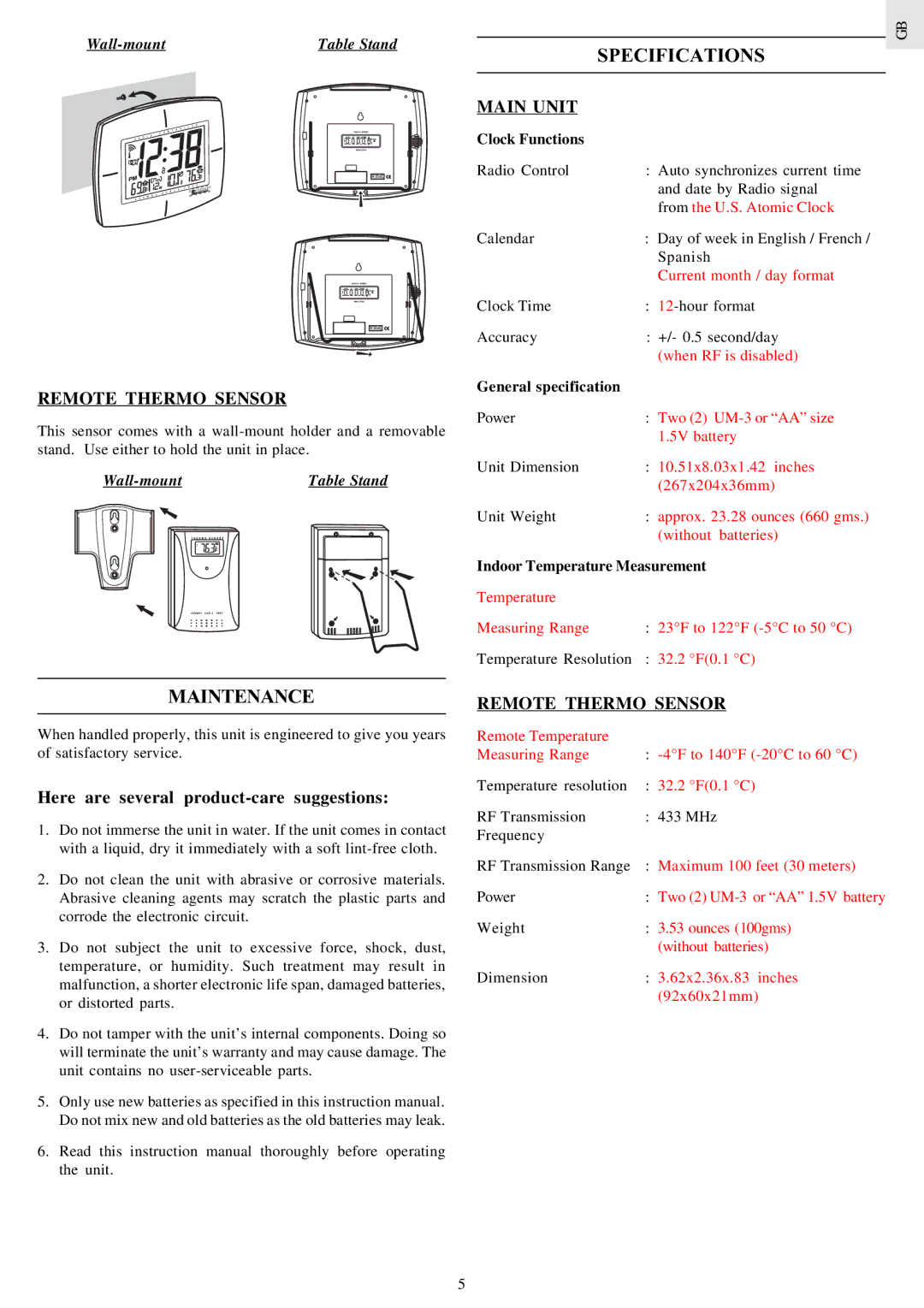 Oregon Scientific JMR828A Maintenance, Specifications, Remote Thermo Sensor, Here are several product-care suggestions 