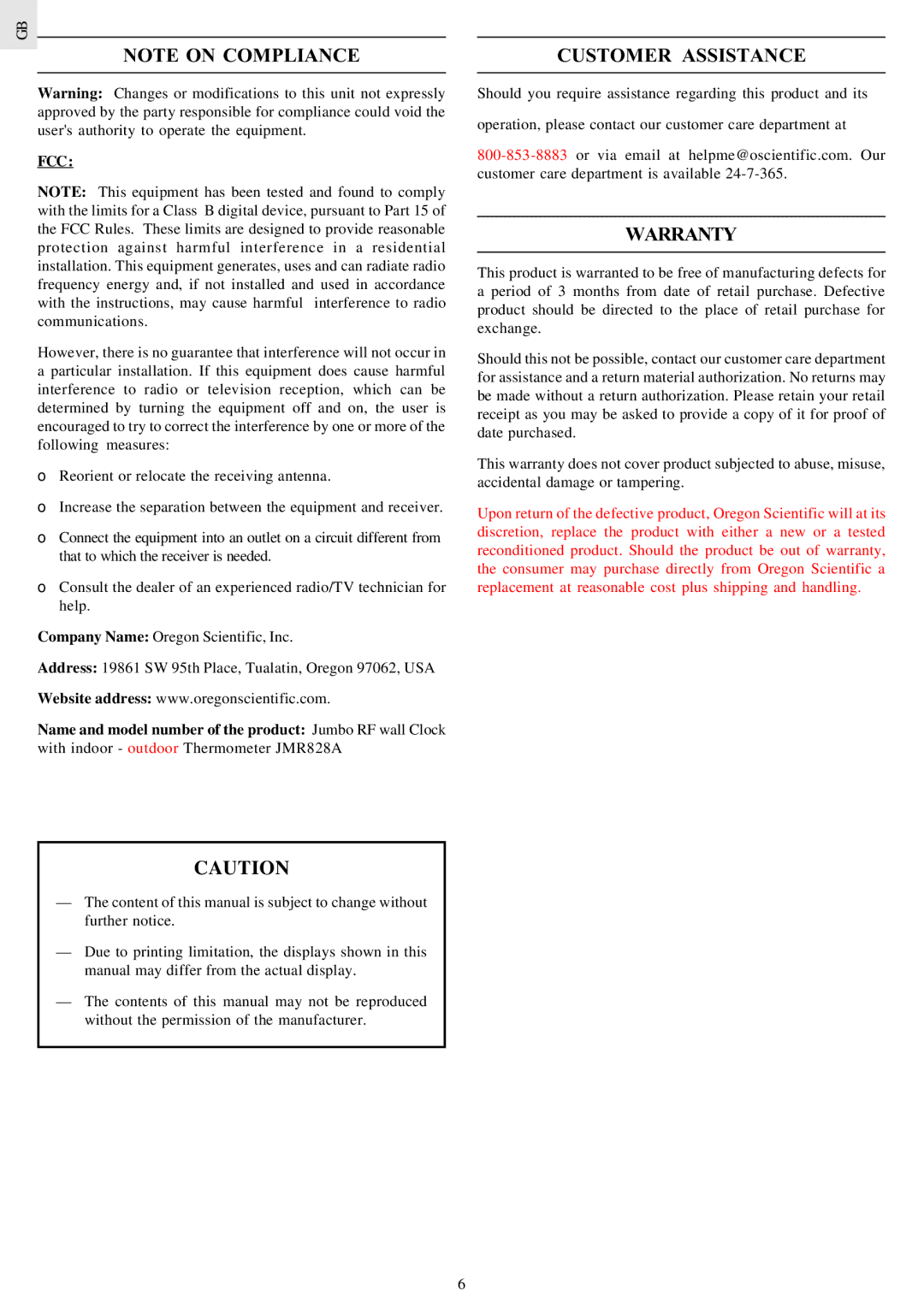 Oregon Scientific JMR828A instruction manual Customer Assistance, Warranty, Fcc 