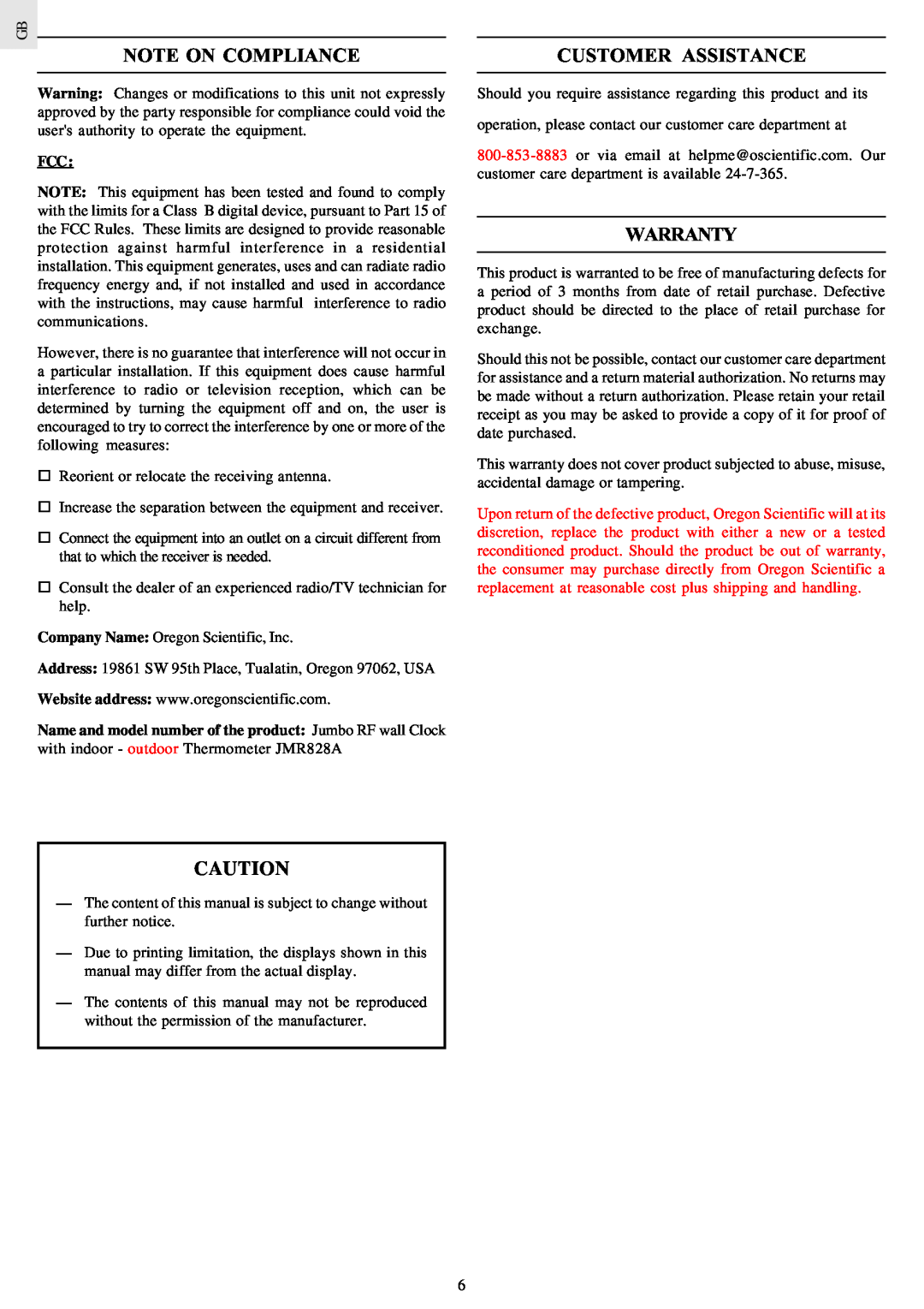 Oregon Scientific JMR828A instruction manual Note On Compliance, Customer Assistance, Warranty 