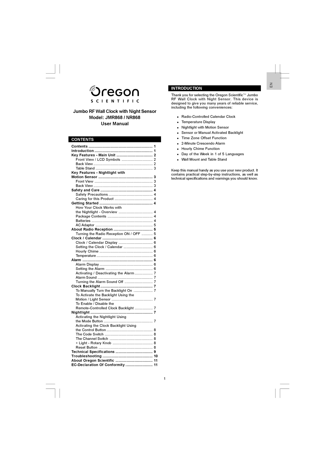 Oregon Scientific JMR868, NR868 user manual Contents, Introduction 