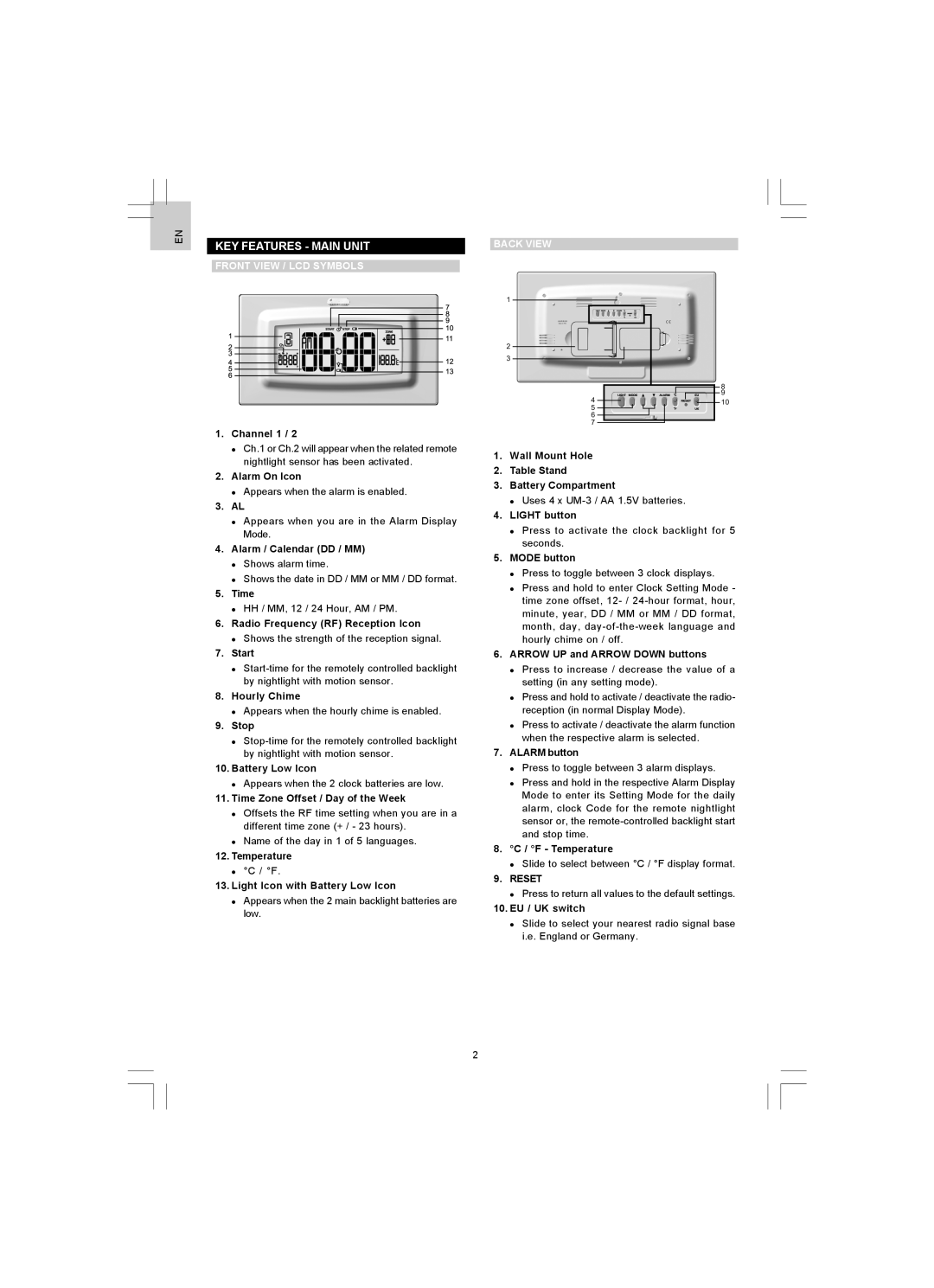 Oregon Scientific NR868, JMR868 user manual KEY Features Main Unitback View, Front View / LCD Symbols, Reset 