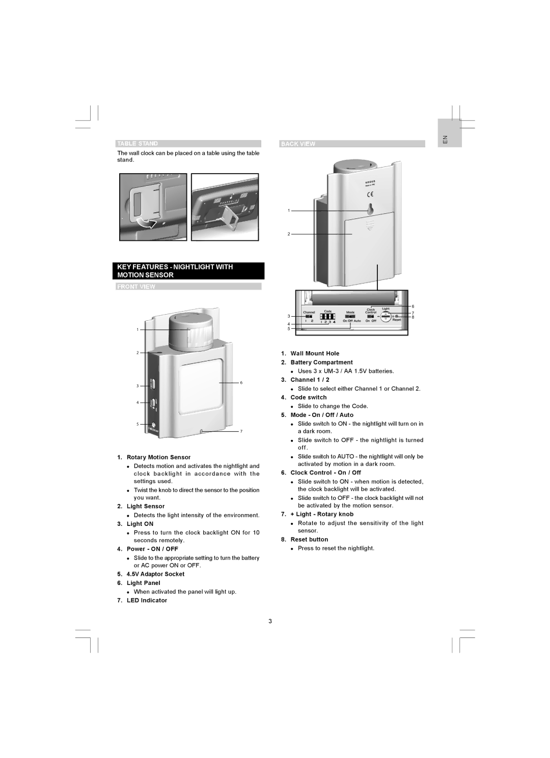 Oregon Scientific JMR868, NR868 user manual KEY Features Nightlight with Motion Sensor, Table Stand Back View, Front View 