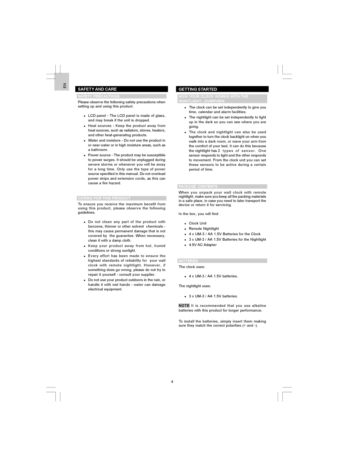 Oregon Scientific NR868, JMR868 user manual Safety and Care, Getting Started 