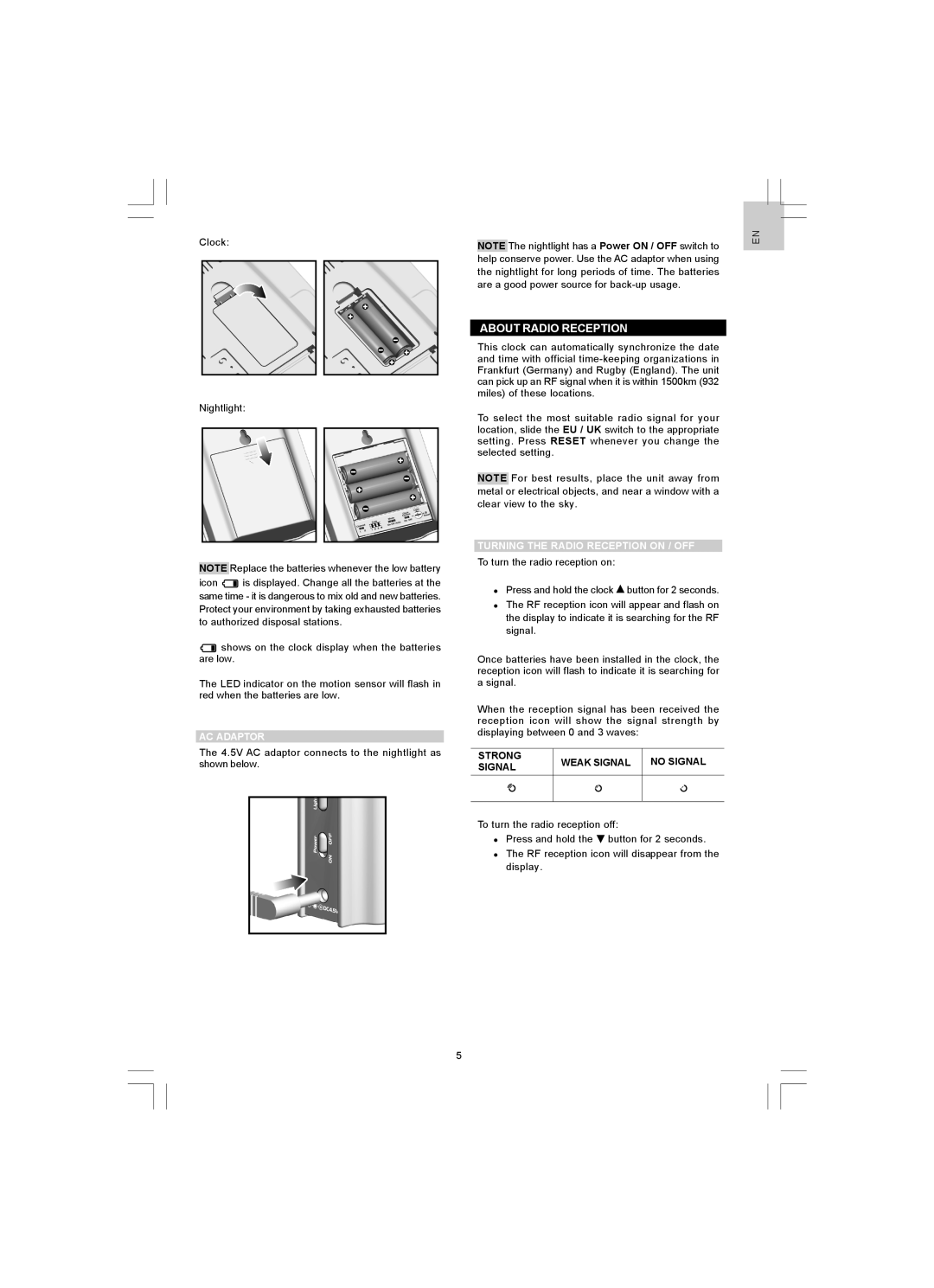 Oregon Scientific JMR868, NR868 user manual About Radio Reception, AC Adaptor, Turning the Radio Reception on / OFF 