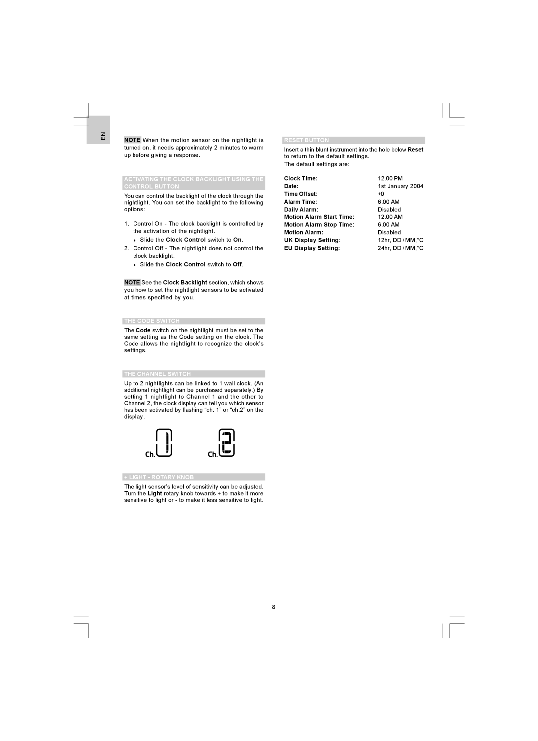 Oregon Scientific NR868 Activating the Clock Backlight Using the Control Button, Code Switch, Channel Switch, Reset Button 