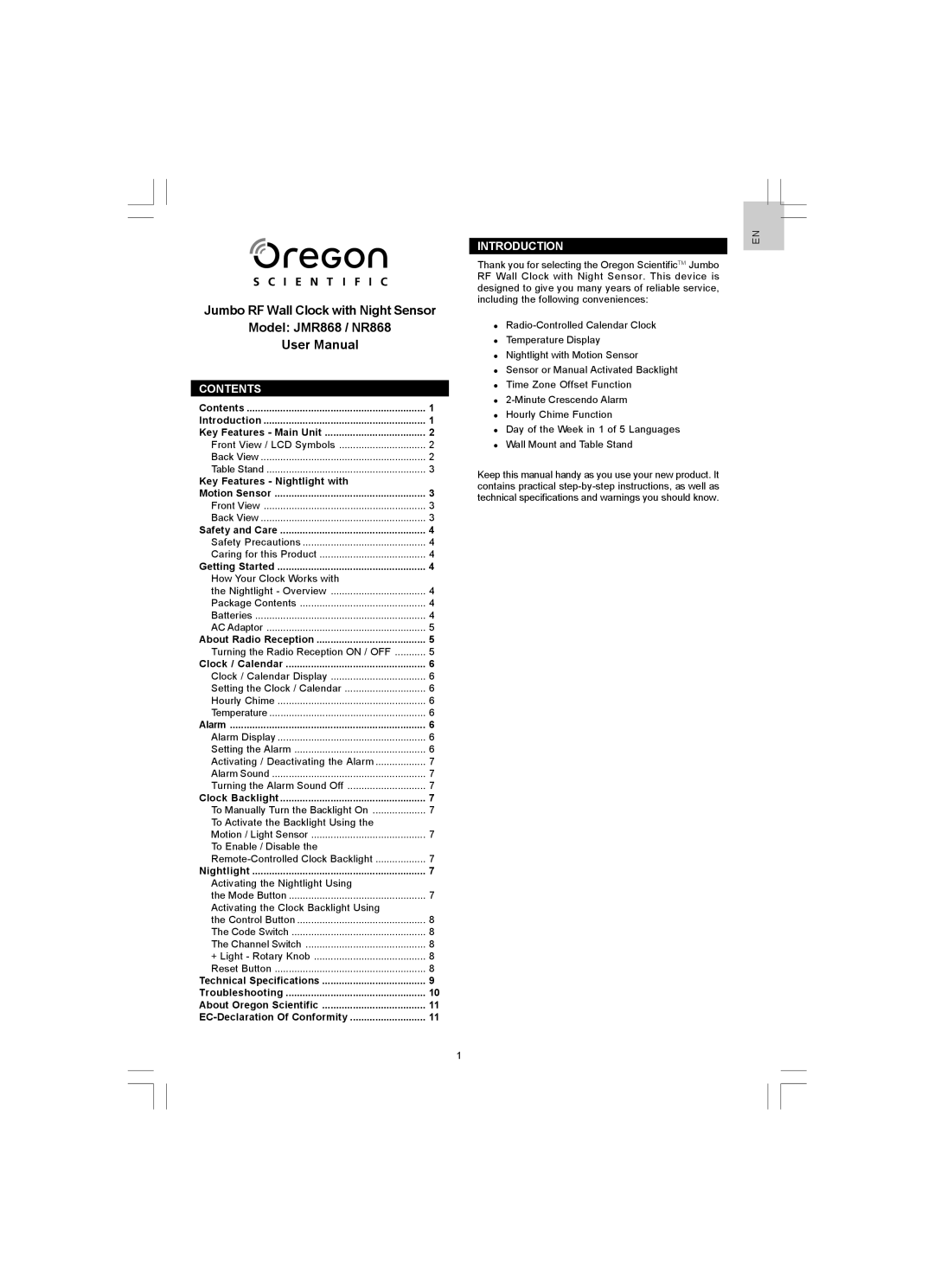 Oregon Scientific user manual Contents, Introduction, Jumbo RF Wall Clock with Night Sensor Model JMR868 / NR868 