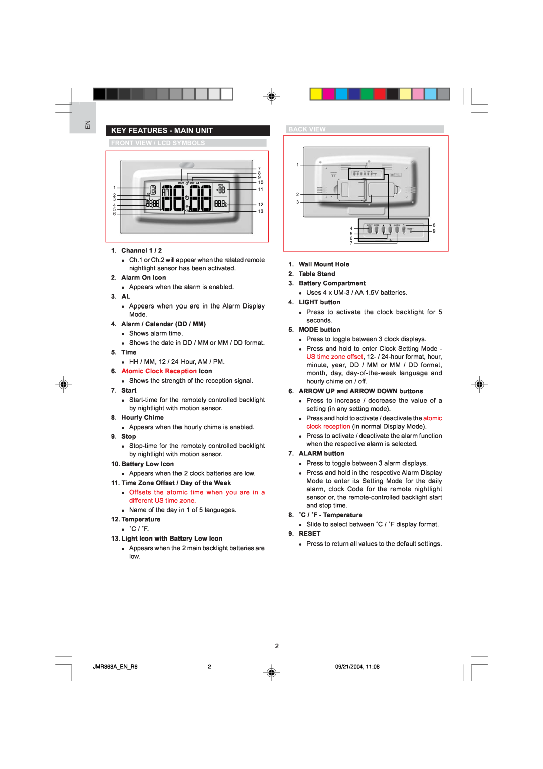 Oregon Scientific JMR868A Key Features - Main Unit, Front View / Lcd Symbols, Atomic Clock Reception Icon, Back View 