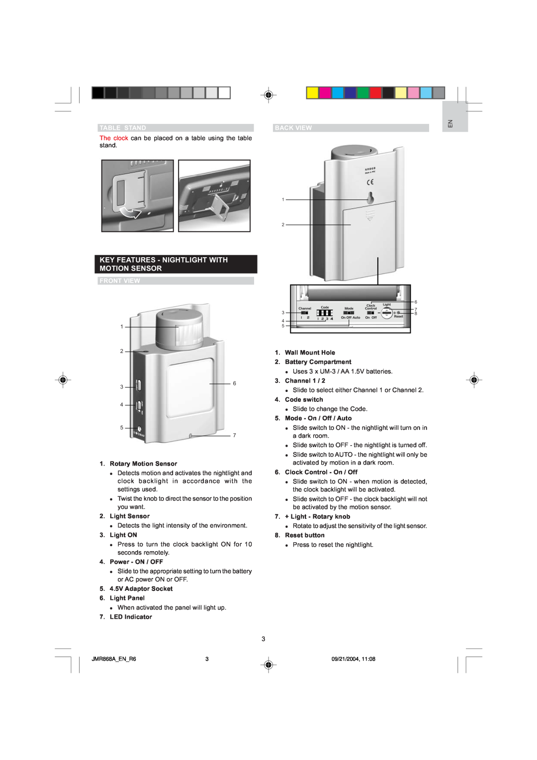 Oregon Scientific JMR868A user manual Key Features - Nightlight With Motion Sensor, Table Stand, Front View, Back View 