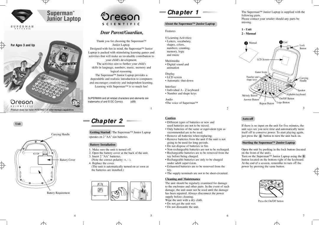 Oregon Scientific manual About the Superman Junior Laptop, Unit Manual, Battery Installation, Cleaning and Maintenance 