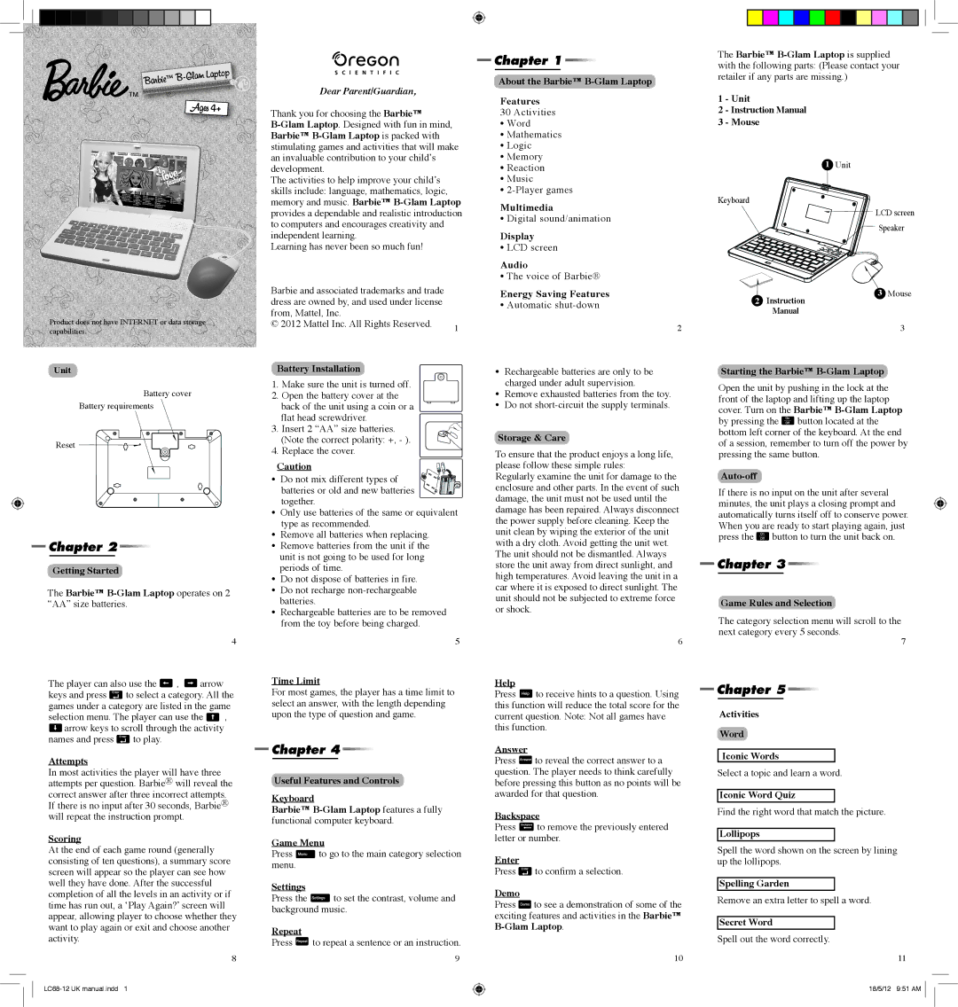 Oregon Scientific LC68-12 instruction manual Battery Installation, About the Barbie B-Glam Laptop Features, Multimedia 