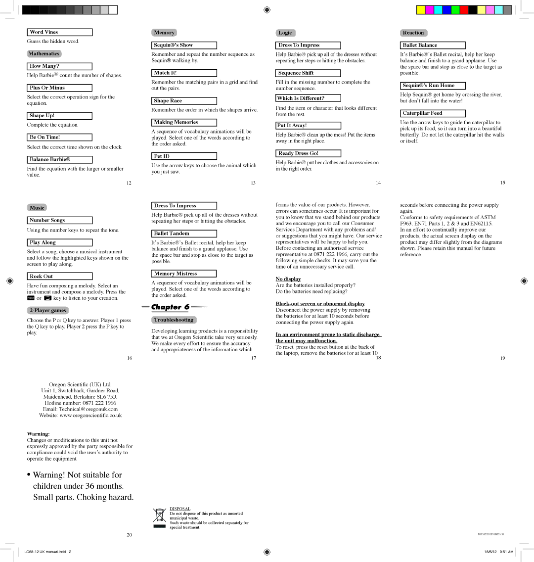 Oregon Scientific LC68-12 Word Vines, Mathematics How Many?, Plus Or Minus, Shape Up, Be On Time, Balance Barbie, Rock Out 