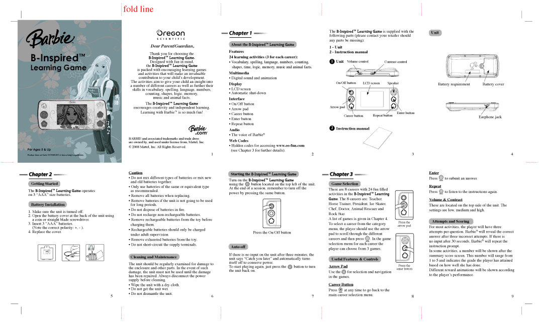 Oregon Scientific Learning Game instruction manual Unit, Features Learning activities 3 for each career, Multimedia, Audio 