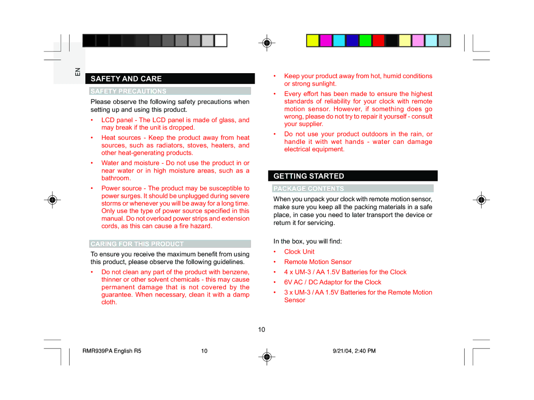 Oregon Scientific MSR939A Safety and Care, Getting Started, Safety Precautions, Caring for this Product, Package Contents 