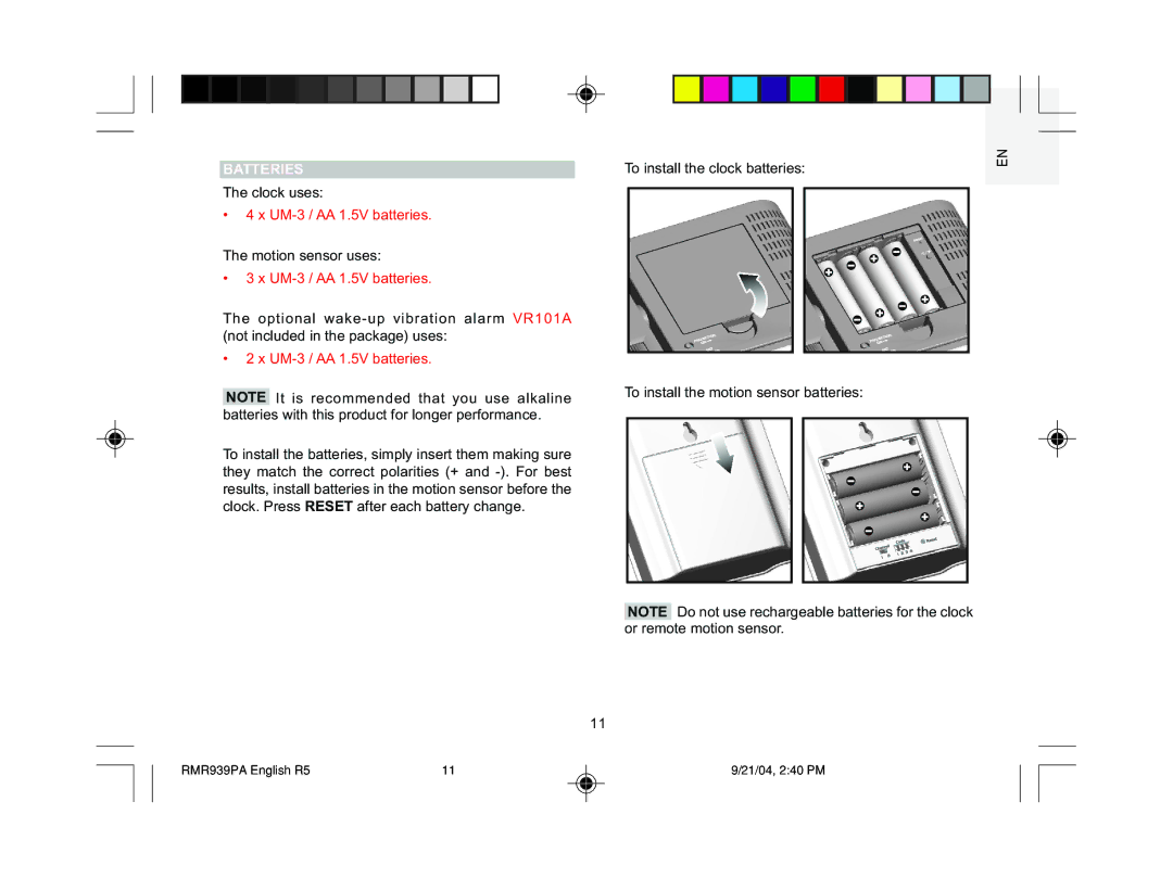 Oregon Scientific MSR939A user manual Batteries, UM-3 / AA 1.5V batteries 