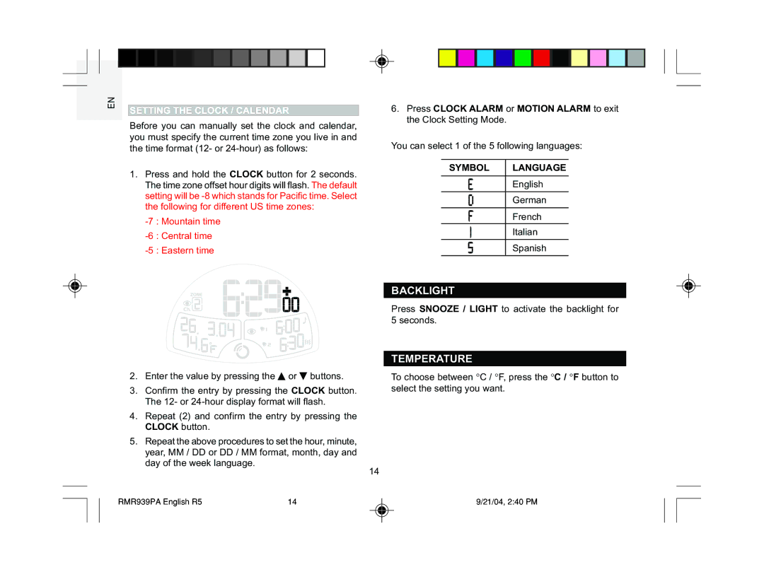 Oregon Scientific MSR939A user manual Backlight, Temperature, Setting the Clock / Calendar, Symbol Language 