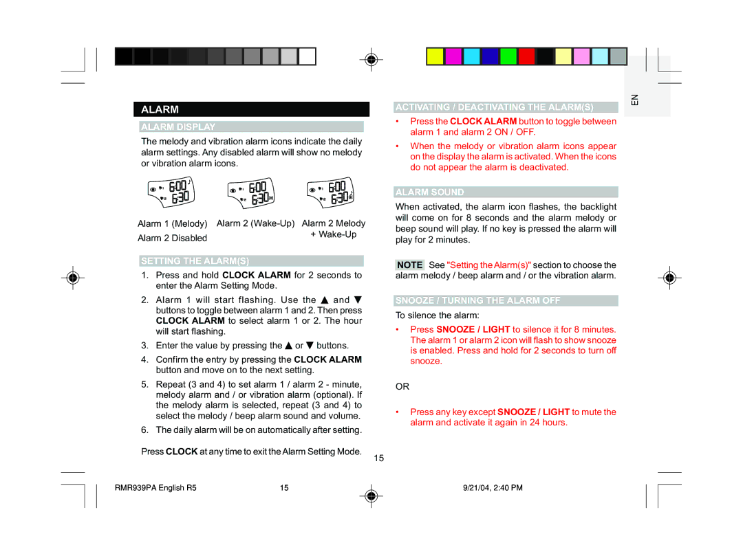 Oregon Scientific MSR939A user manual Alarm 