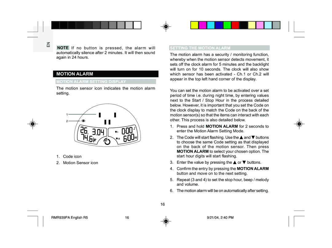 Oregon Scientific MSR939A user manual Motion Alarm Setting Display, Setting the Motion Alarm 