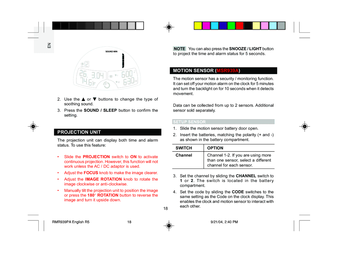 Oregon Scientific user manual Projection Unit, Motion Sensor MSR939A, Setup Sensor, Switch Option, Channel 