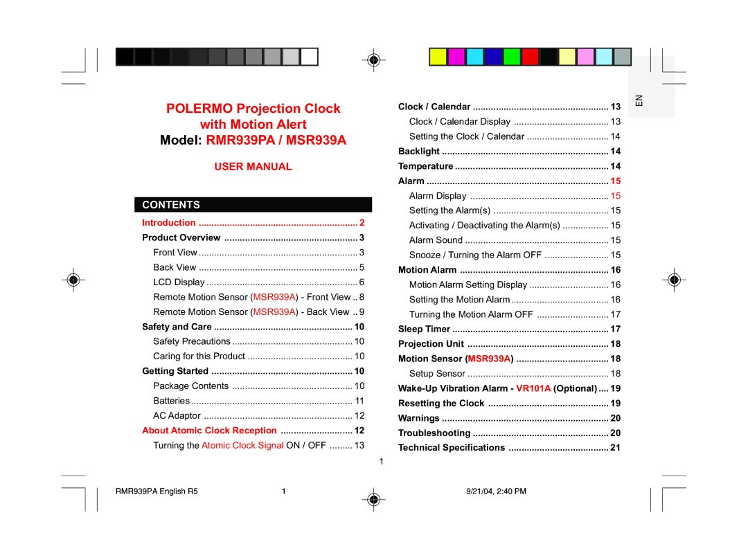 Oregon Scientific MSR939A user manual Contents 