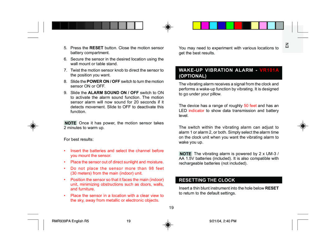 Oregon Scientific MSR939A user manual WAKE-UP Vibration Alarm VR101A Optional, Resetting the Clock 