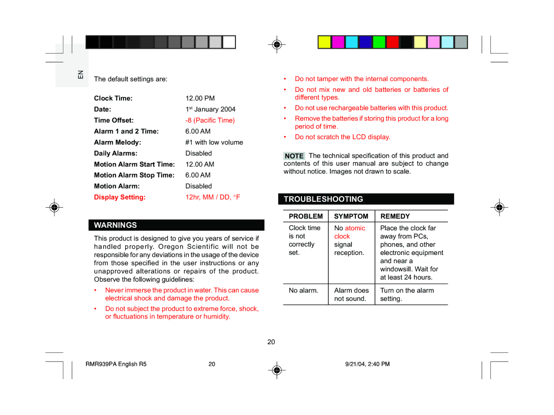 Oregon Scientific MSR939A user manual Troubleshooting, Problem Symptom Remedy 