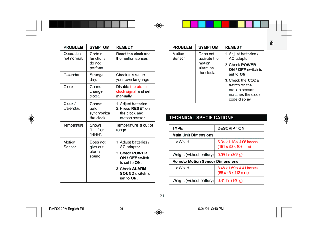 Oregon Scientific MSR939A user manual Technical Specifications, Disable the atomic, Clock signal and set, On / OFF switch 