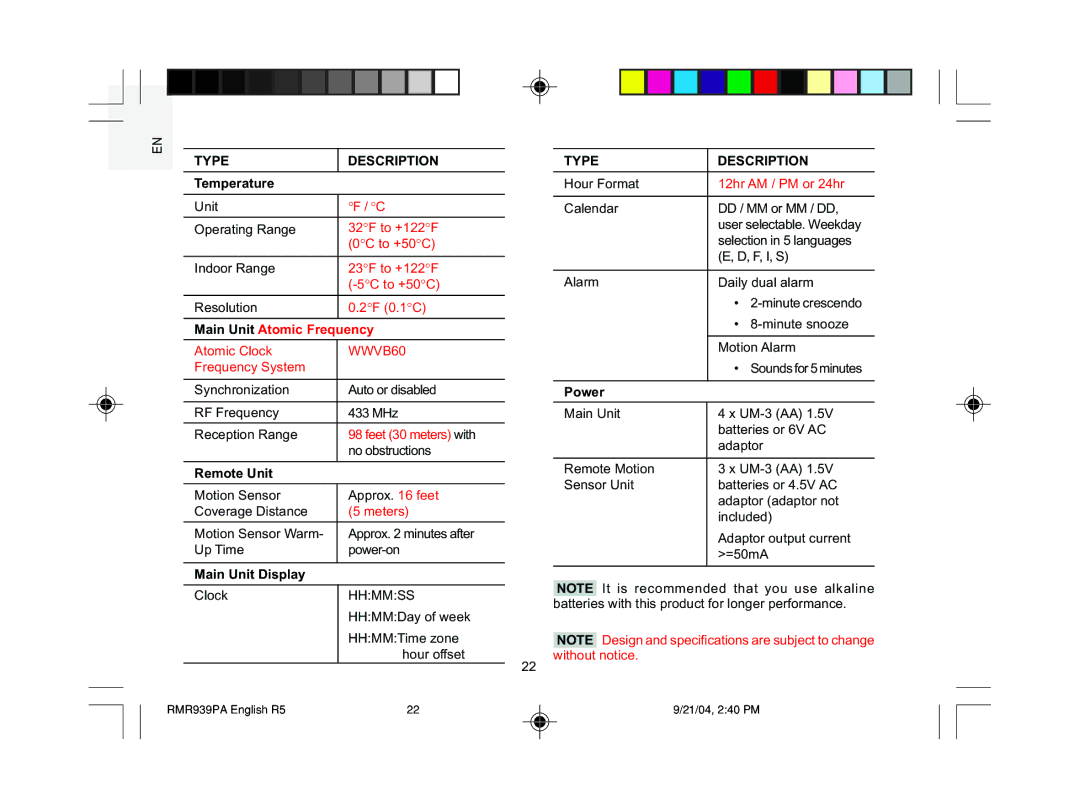 Oregon Scientific MSR939A user manual Type Description, Power 