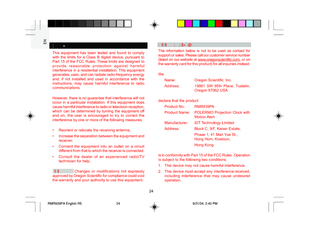 Oregon Scientific MSR939A user manual FCC Statement, Declaration of Conformity 