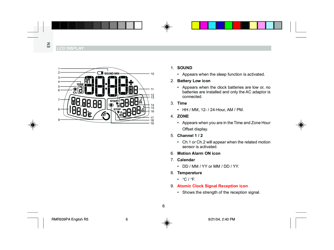 Oregon Scientific MSR939A user manual LCD Display, Sound, Zone 